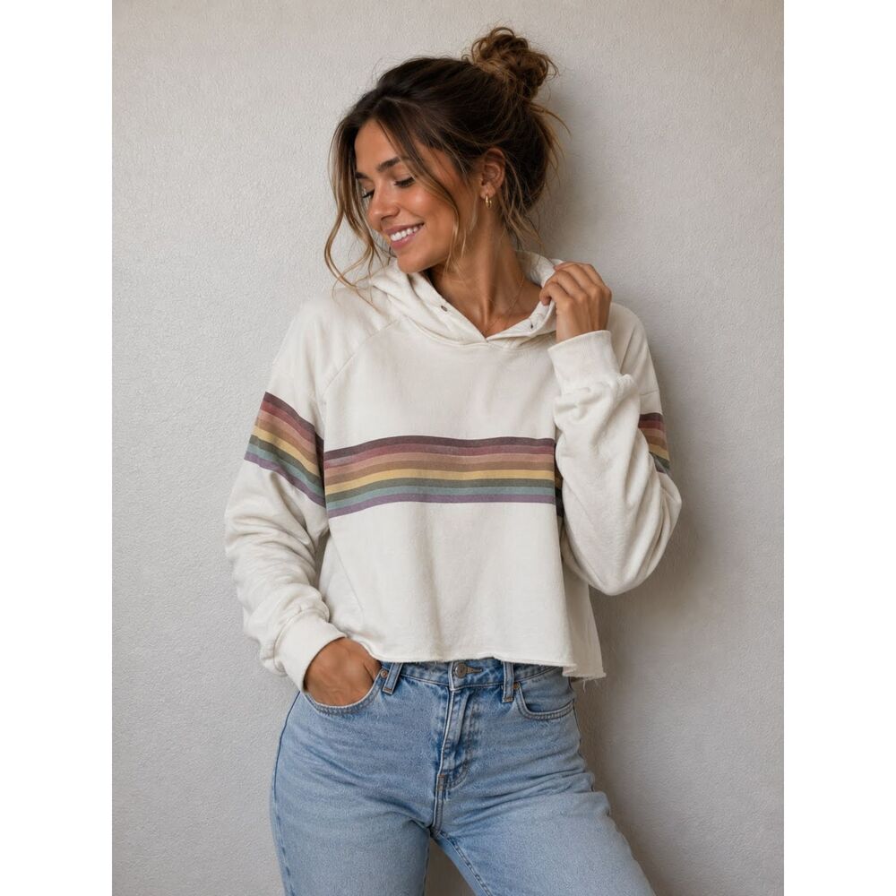Marine Layer Cloud 9 Fleece Anytime Hoodie Cream Rainbow Stripe Crop Medium